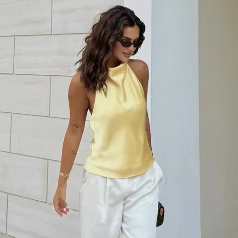 HXAO Top Women Halter Satin Women Tops Backless Corset Top Vest Yellow Pink Black Summer Elegant Sexy Tops Tank Vestidos