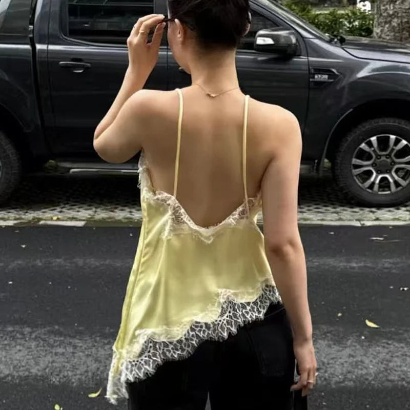 HXAO Y2K Asymmetrical Slip Lace Top Women Sexy Tanks & Camis Satin Off Shoulder Sleeveless Backless Tops Street Style Camisoles