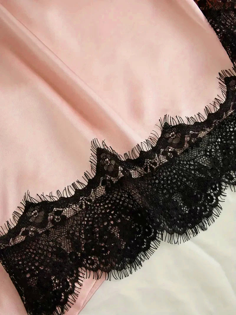 Women's Satin Sleepwear Pajama Set Pink Sexy Lingerie Bath Robe Lace Patchwork Silk Night Dress Trousers Home Clothed Nightwear